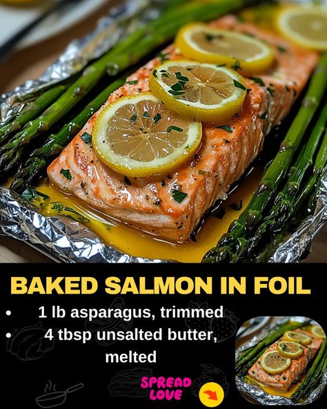 Baked Salmon in Foil with Asparagus and Lemon Garlic Butter Sauce Garlic Butter Sauce Recipe, Baked Salmon In Foil, Beef Tips And Noodles, Baked Salmon And Asparagus, Baked Meatloaf, Lemon Garlic Butter Sauce, Mexican Casserole Recipe, Salmon In Foil, Chicken Parmesan Pasta