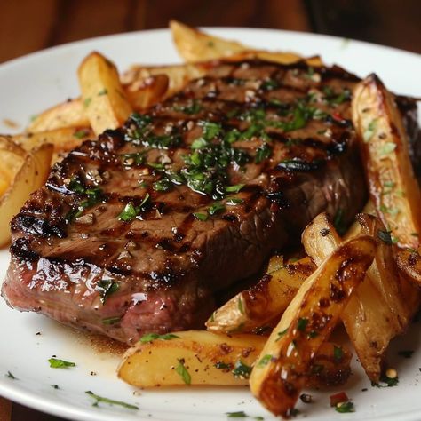 Grilled Entrecôte with Homemade Fries Ingredients: For the Entrecôte: 2 entrecôte steaks (rib-eye steaks), about 1 inch thick Salt and freshly ground black pepper 2 tablespoons olive oil 2 cloves garlic, minced 1 tablespoon fresh thyme leaves 1 tablespoon fresh parsley, chopped 1 tablespoon butter For the Homemade Fries: 4 large potatoes 2 tablespoons olive oil Salt and freshly ground black pepper 1 teaspoon paprika 1 teaspoon garlic powder Fresh parsley, chopped (for garnish) Instructions:... Homemade Fries, Crispy French Fries, Rib Eye, Ribeye Steak, Fresh Thyme, Freshly Ground, Caramelized Onions, Fresh Parsley, Interesting Food Recipes