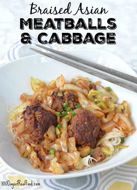 Meatballs And Cabbage Recipe, Meatballs And Cabbage, Asian Meatballs, 100 Days Of Real Food, Quick Weeknight Meals, Cabbage Recipes, Maternity Leave, Asian Cooking, Rice Noodles