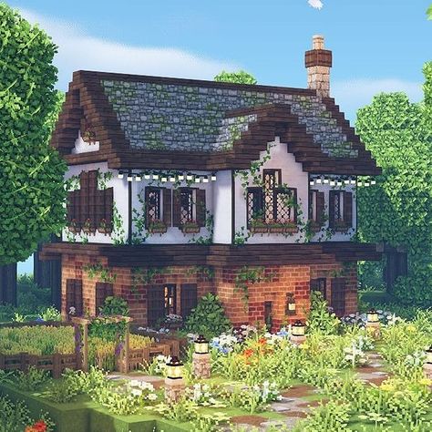 Pretty Minecraft Houses, Minecraft Farmhouse, Minecraft Cottagecore House, Cottage Minecraft, Cottage Core Minecraft House, Cottagecore House, Rumah Minecraft Sederhana, Cute Farmhouse, Minecraft Structures