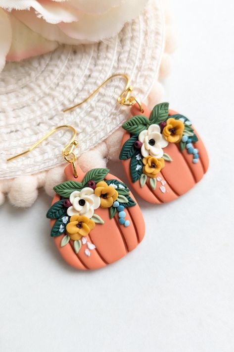 Autumn-fall orange pumpkin floral dangle earrings handmade made from polymer clay Handmade Pumpkins, How To Clean Earrings, Orange Pumpkin, Fall Earrings, Pumpkin Orange, Fish Hook, Organza Bags, Fall Autumn, Clay Jewelry