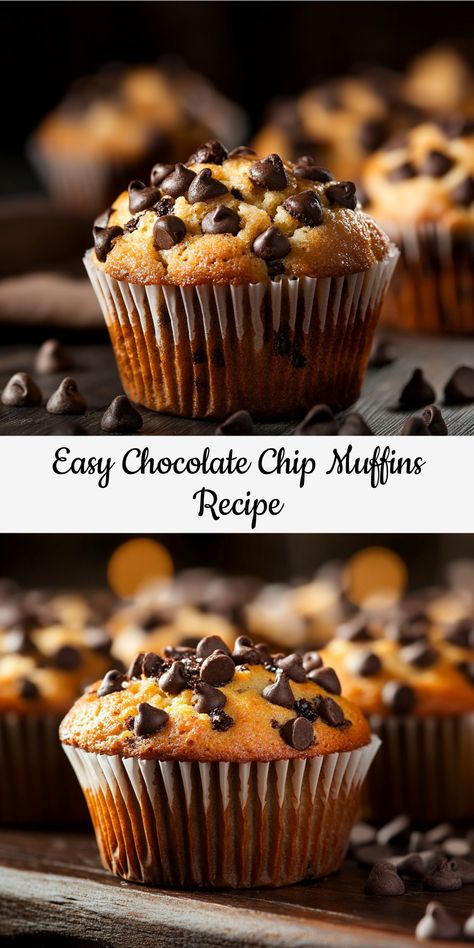 Bake these easy chocolate chip muffins! Soft, fluffy, and packed with chocolate in every bite. Perfect for breakfast! How To Make Homemade Chocolate Chip Muffins, Easy Choc Chip Muffin Recipe, Soft Chocolate Chip Muffins, Quick And Easy Chocolate Chip Muffins, Chocolate Chip Muffins No Buttermilk, Chocolate Chip Muffins Recipe Easy, The Best Chocolate Chip Muffins, Easy Chocolate Chip Muffin Recipes, Chocolate Chip Muffin Recipes