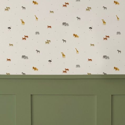 A simplistic, hand-illustrated design featuring safari animals such as Lions, Tigers, Giraffes, Elephants, and more. Perfect for a feature wall and pairs beautifully with wall paneling. Also works as a pretty cupboard or draw lining. Printed to order on beautiful, thick, matte, textured, traditional wallpaper using eco-friendly paper and water-based inks. Instead of having to order a whole 10m roll, we can print meter by meter meaning you can buy just what you need. Samples We do offer samples t Safari Nursery Wallpaper, Nursery Inspiration Boy, Jungle Wall Decor, Nursery Jungle, Wallpaper Jungle, Safari Wallpaper, Jungle Wall, Wall Panelling, Jungle Wallpaper