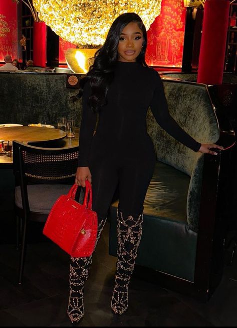 Birthday Outfit Winter Black Women, Snake Skin Boots Outfit Black Women, Black Boots Outfit Black Women, Club Outfits Black Women Winter, Fall Black Women Outfits, Winter Concert Outfit Black Women, Thigh High Boots Outfit Black Women, Christmas Outfit Black Women, Winter Baddie Outfits Going Out