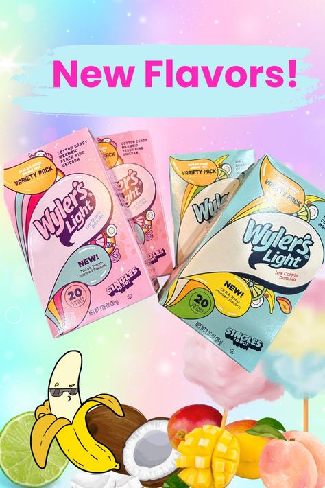 new drink mixes from Wyler's Wylers Water Recipes, Banana Water, Flavored Water Drinks, Light Drinks, Flavored Water Recipes, Tea Bread, Coconut Drinks, Peach Tea, Banana Coconut