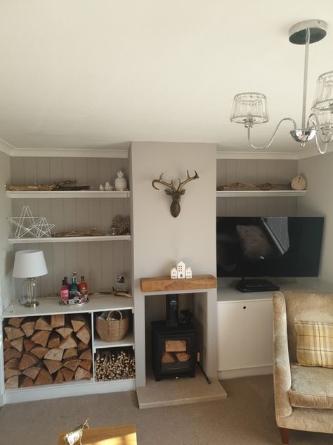 Tv Next To Log Burner, Log Burner Storage Living Rooms, Log Burner Living Room Wood Storage, Wood Stove Built In Shelves, Built In Tv Wall Unit With Log Burner, Kitchen Log Burner, Log Burner Storage, Wood Burner Tv Wall, Alcove Wood Storage