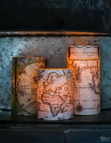 Create gorgeous diy home decor on a budget to sooth your inner wanderlust. Maps are a great way to decorate your home beautifully and on a budget. #diyhomedecor #decor #home #diyhome #maps #wanderlut #traveler #travel #diyhomedecor Candle Makeover, Decoupage Candles, Dollar Store Candles, Nautical Diy, Map Crafts, Antique World Map, Map Ideas, Deco Nature, Map Decor