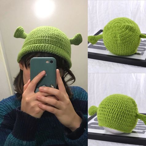 Crochet Bucket Hat Inspiration, Shrek Crochet Hat, Shrek Accessories, Crochet Shrek Hat, Shrek Beanie, Shrek Crochet, Crochet Shrek, Shrek Hat, Crochet Fairy