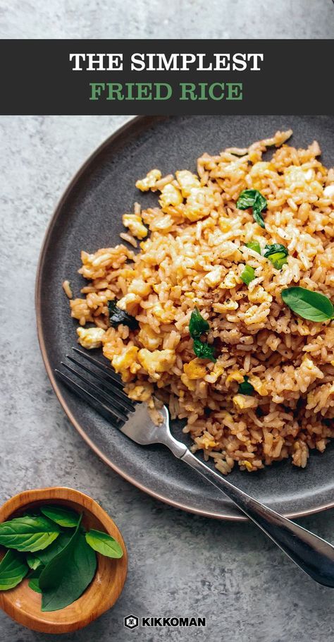 The Simplest Thai Basil Fried Rice | Want a quick recipe for a hungry family? This simple fried rice dish is a quick takeout at home recipe — it uses just 8 ingredients and most of them are already in your fridge or pantry! Comforting and delicious, this easy savory meal can use any veggies or protein you have on hand, and it's ready in under 30 minutes. You can easily freeze this meal for a quick dinner at a later date. It’s as easy as just cooking the rice! #Kikkoman Fried Rice No Peas, No Veggie Fried Rice, Fried Rice Recipe Without Vegetables, Fried Rice Recipe Easy No Veggies, Fried Rice With No Vegetables, Chicken Fried Rice No Veggies, Meal Prep Fried Rice, Fried Rice Recipe No Veggies, Fried Rice No Vegetables