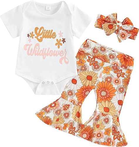 Amazon.com: Newborn Infant Baby Girl Clothes Short Sleeve Letter Print Romper Top+Floral Flared Pants+Headband Bell Bottom Outfits: Clothing, Shoes & Jewelry Aunt Baby Clothes, Bell Bottoms Pants, Printed Flare Pants, Romper Bodysuit, Headband Outfit, Baby Girl Shorts