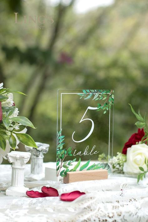 Classy Wedding Centerpieces, Wedding Table Themes, Acrylic Table Numbers, Greenery Wedding Decor, Acrylic Table Number, Handmade Bouquets, Vintage Wedding Decorations, Acrylic Table, Classy Wedding