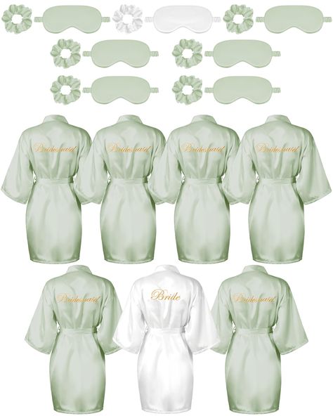 PRICES MAY VARY. Nice Combination Set: the package comes with 7 pieces of bridal party robes, including 1 bride embroidered robe and 6 bridesmaid robes, each gown comes with a matching eye mask and hair tie set in the same color, sufficient in quantities and styles to meet your requirement of using Soft and Comfortable: the bridesmaids robes, eye mask and hair ring are all made of quality satin fabric, which is soft and skin friendly; The inside of the eye mask is filled with 180 grams of silk c Wedding Day Robes Bridal Parties, Sage Green Bridesmaid Robes, Will You Be My Bridesmaid Sage Green, Bride And Bridesmaid Pjs, Bridesmaid Matching Getting Ready, Princess And The Frog Bridesmaid Dresses, Princess And The Frog Wedding Theme Bridesmaids, Bridesmaids Pajama Set, Wedding Party Getting Ready Outfits