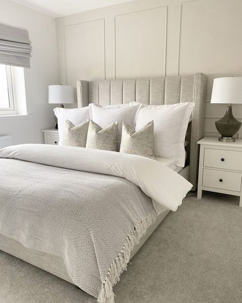 Neutral Bedroom Feature Wall, Neutral Spare Bedroom, Ammonite Farrow And Ball Bedrooms, Ammonite Colour Scheme, Cream Colour Beds, Ammonite Bedroom, Neutral Ottoman Bed, Showhome Interiors, Beautiful Bedroom Inspiration