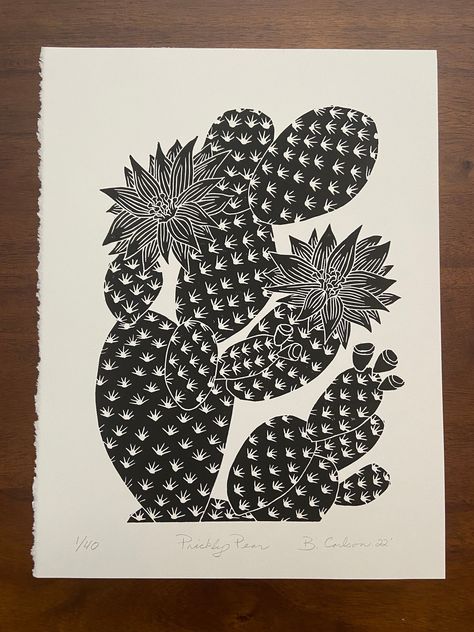 This Prickly Pear print is an original work with only 40 prints in the series! Inspired by all the beautiful cactus life in California! Each print is signed and numbered by the artist and you may not receive the exact number shown in the picture. Hand carved on a rubber block with water-based ink on smooth 100% cotton Stonehenge paper. Each print is hand burnished, creating slight variations in color and appearance making it truly one of a kind! All prints are sent in sturdy mailing tubes for sa Cactus Screen Print, Cactus Block Print, Prickly Pear Cactus Illustration, Cactus Lino Print, Cactus Linocut, Lino Printing Ideas, Linocut Prints Ideas, Sgraffito Ideas, Cactus Stamp