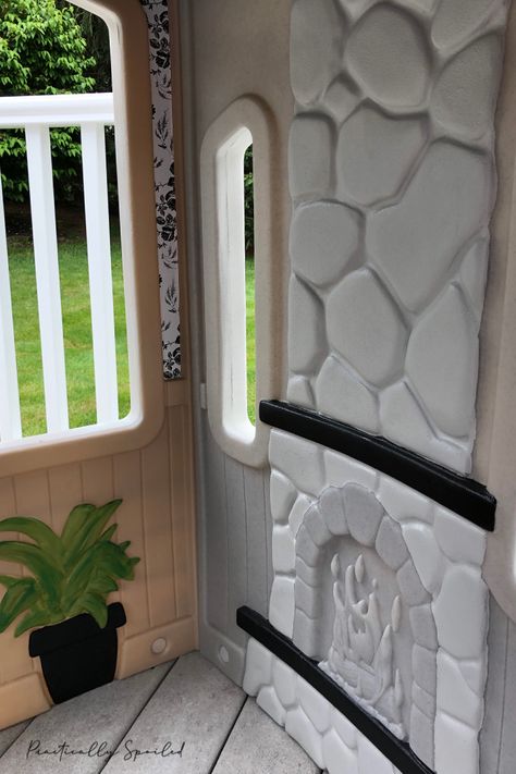 A Fantastic Plastic DIY Playhouse Plastic Cubby House Makeover, Painting Plastic Playhouse, Painting Playhouse, Redo Playhouse, Playhouse Accessories Outdoor, Inside Playhouse Ideas, Outdoor Playhouse Makeover, Rainbow Playhouse, Plastic Playhouse Makeover