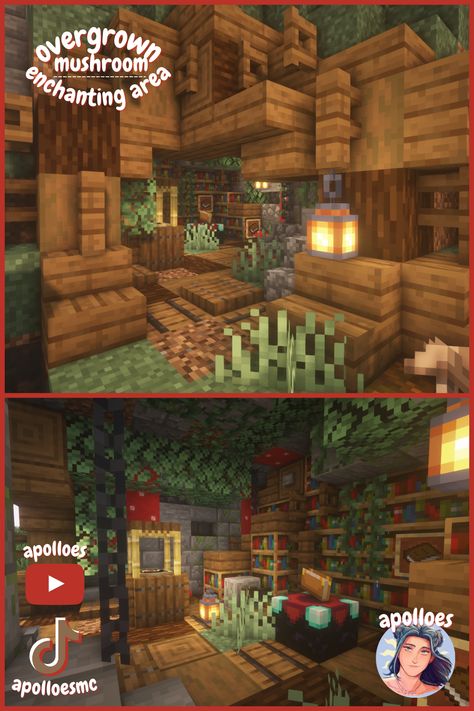 a detailed enchantment set up within a mountain. includes lots of greenery and everything you need for level 30 enchants! Enchantment Area Minecraft, Overgrown Village, Minecraft Enchanting Area, Minecraft Overgrown, Minecraft Enchantments, Minecraft Mountain, Aesthetic Buildings, Minecraft Dogs, Minecraft Idea