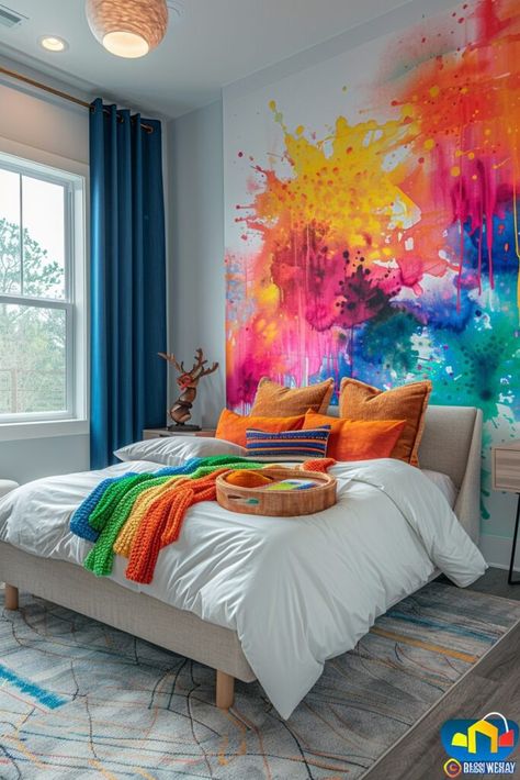 Vivid Dreamscapes Art Theme Bedroom, 1980s Room, Rainbow Bedroom Ideas, Leaving Room Design, Bedroom Ideas For Kids, Rainbow Bedroom, Rainbow House, House Upgrades, Superhero Room