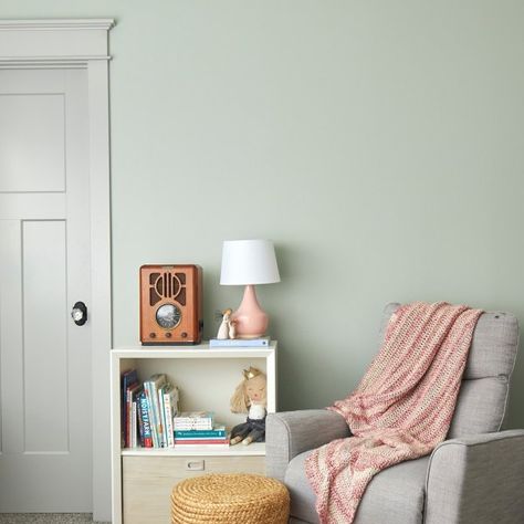 Contented SW 6191 - Green Paint Color - Sherwin-Williams Light Green Nursery, Sherwin Williams Paint Colors Green, Green Nursery Girl, Girls Bedroom Paint Colors, Green Kids Rooms, Girls Bedroom Paint, Sherwin Williams Green, Sage Green Paint Color, Light Green Paint