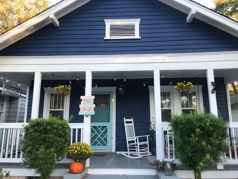 Painted our house Sherwin Williams’ Salty Dog blue. I’m in love! Blue House White Porch, Lake House Outdoor Paint Colors, Salty Dog Exterior Paint, Blue House With Front Porch, Royal Blue Exterior House Colors, Sherwin Williams Salty Dog Exterior, House Paint Exterior Blue, Salty Dog Sherwin Williams Exterior, Deep Blue House Exterior