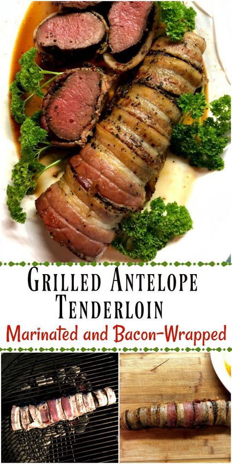 Grilled Antelope Tenderloin is marinated first then bacon-wrapped before grilling. The meat is very mild and tender. #antelope, #pronghorn, #tenderloin, #game_meat, #pronghorn_antelope_meat, #bacon_wrapped_tenderloin Stifado Recipe, Antelope Recipes, Bacon Wrapped Tenderloin, Wine Marinade, Roasted Pork Tenderloin, Recipes Meat, Grilled Meat Recipes, Roasted Pork, Tenderloin Recipes