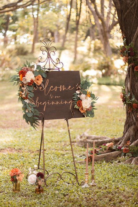 #WelcomeSign This is a remembrance sign with carved words "Welcome to our beginning". Designed to be used in a wedding or any special events for memorizing loving families/friends. PACKAGE DETAILS: Package: Wooden sign x1(not metal stand) Size: 27.5" wide x 19.5" length x 0.5" thick Material: Made of pine, stained dark walnut, and laser engraved words #TerracottaSignFlowersSetof2 Flower Sign Decor is designed on a flexible base and green reusable releasable adjustable cable zip ties and metal cl Flower Swag, Large Flower Arrangements, Handmade Bouquets, Greenery Garland, Vintage Wedding Decorations, Flower Packaging, Sign Decor, Zip Ties, Cream Roses