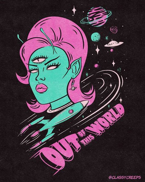 Jenny Richardson 🦇 on Instagram: “Another look at the recent design I created for @tragicgirls.co of which you can purchase on t-shirts in her shop! I looove space babes…” Jenny Richardson, Space Babe, Luxury Wall Art, Alien Invasion, Aliens And Ufos, Trippy Art, Art Collage Wall, Oliver Gal, Cartoon Art Styles