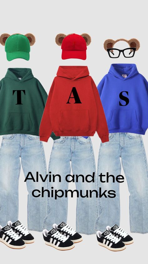 Alvin and the chipmunks Albin And The Chipmunks Costume, Alvin And The Chipmunks Halloween, The Chipmunks Costume, Alvin And The Chipmunks Costume, Chipmunks Costume, Bsf Stuff, Trio Costumes, Cute Group Halloween Costumes, Easy Diy Costumes