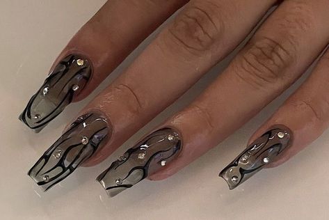 Dark Nails Inspo Aesthetic, Smokey Nails Acrylic, Clear Black Nails, Transparent Black Nails, Edgy Nails Acrylic Grunge, Subversive Nails, Sheer Black Nails, Edgy Nails Grunge, Edgy Nail Ideas