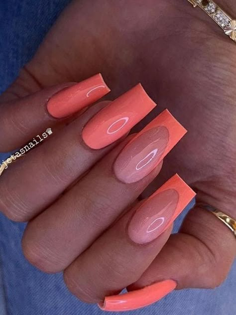 Coral French Tip Nails Coffin, Salmon Color Nails Acrylic, Long Coral Nails, Salmon Nails Designs, Coral Tip Nails, Summer Nails Ballerina Shape, Salmon Nails Coral, Uñas Color Salmon, Nails Coral Color