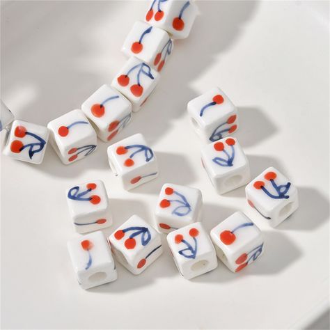 Porcelain Cherry Cube Beads, Ceramic Beads, Fruit Ceramic Beads, Bracelet Bead, Juicy Cube Ceramic Porcelain Loose Bead For Jewelry 8mm 10mm {Material}: Ceramic {Size}:  small 8*8mm, hole 2.8mm large 9*10mm, hole 4.2mm Beads Art Ideas, Air Dry Clay Beads, Fun Summer Diy, Diy Bracelet Ideas, Beads Fruit, Diy Beaded Jewelry, Ceramic Accessories, Ceramic Bead Jewelry, Ceramic Beads Bracelet