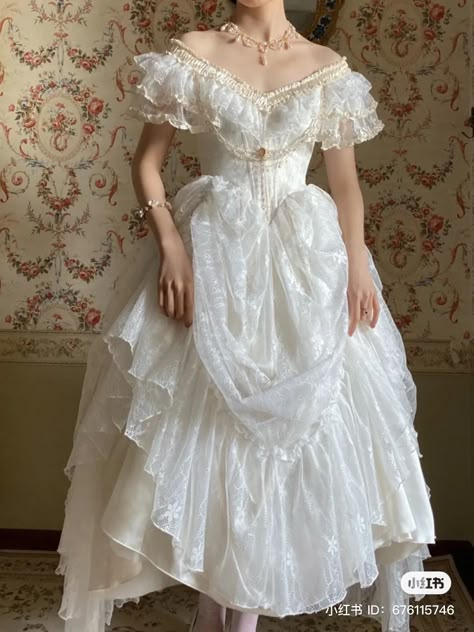 White Victorian Ballgown, Romantic Era Dress, Victorian Woman Aesthetic, White Dress Victorian, Rococo Wedding Dress, Ballroom Dress Gowns, Old Prom Dresses, White Victorian Dress, Rococo Wedding