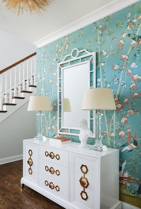 Blue Chinoiserie Wallpaper, Decorating Hallways, Wallpapering Tips, Bamboo Dining Chairs, Dining Table Gold, Bamboo Mirror, Bungalow 5, Wicker Dining Chairs, Chinoiserie Chic