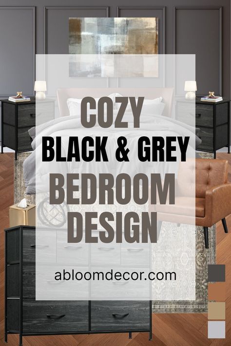 Cozy bedroom Black Bed Frame Grey Walls, Black Grey And Cream Bedroom, Dark Gray Headboard Bedroom Ideas, Grey Bedding Bedroom Ideas, Charcoal Headboard Bedroom, Cozy Mens Bedroom, Grey Neutral Bedroom, Brown And Grey Bedroom Ideas, Black And Gray Bedroom Ideas