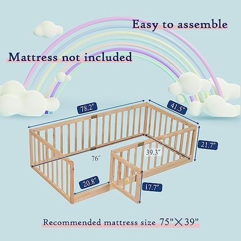 Use link for $12 off!! atub kids floor bed being so close to the floor and surrounding railings eliminates the risk of any nasty falls and bumps, designed to create a safe space to roam and sleep for kids. Encouraging children to get in and out of bed independently so that they discover their physical and abilities. Perfect montessori floor bed for kids. With this montessori bed frame can help transition away from co-sleeping or bed-sharing and towards a more independent sleep space. Bed Rails For Toddlers Diy, Montessori Bed Frame, Floor Bed For Kids, Nature Bed, Sleep For Kids, Bed Sharing, Twin Floor Bed, Floor Beds, Kids Floor Bed