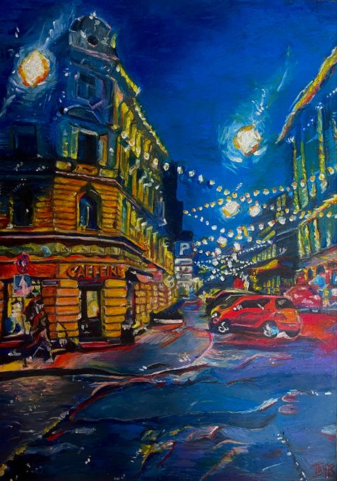 Oil pastels #riga #oil #nightcity Oil Pastel Cityscape, City Oil Pastel, Riga Painting, Ib Art, Artwork Inspiration, Street Painting, Oil Pastel Paintings, Landscape Quilts, Architecture Drawing Art