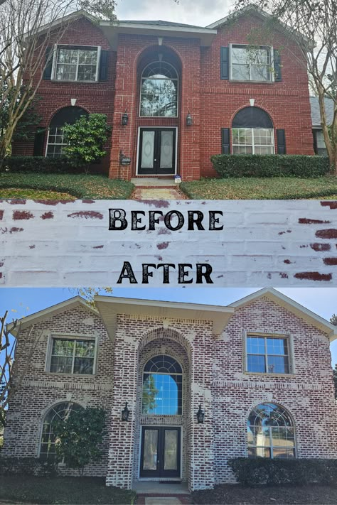 Limewashed Red Brick Exterior, Limewash Red Brick Exterior Before And After, German Smear On Red Brick, Red Brick German Smear, Red Brick House Transformation, German Smear Red Brick Exterior, Red Brick Limewash Exterior, Red Brick Homes Exterior Curb Appeal, Updating Red Brick House Exterior