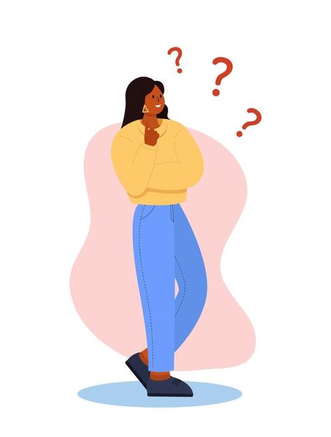 A young woman who thinks about a question. A person who doubts his choice. Problem solving concept, woman thinking, with question mark. Flat illustration. Self Talk Illustration, Person Thinking Illustration, Doubt Illustration, Women Problems, Vector Nature, Illustration Flat, Woman Illustration, A Question, Flat Illustration