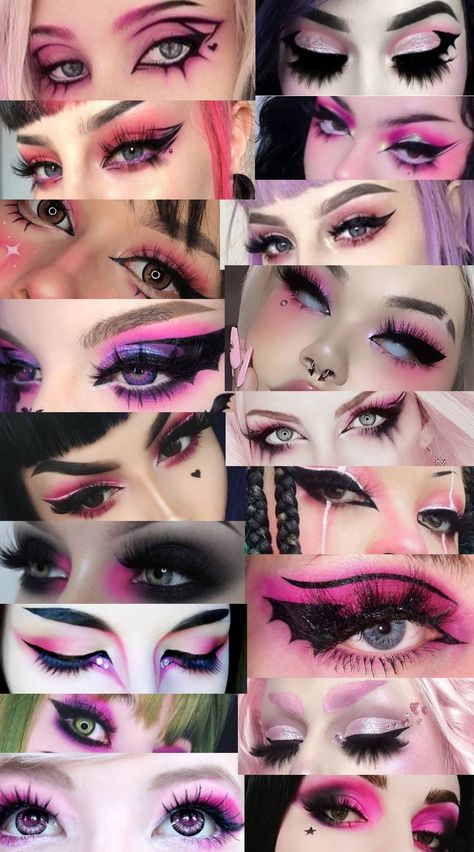 Pink Punk Eye Makeup, Pink And Black Emo Makeup, Pink Goth Makeup Ideas, Goth Kawaii Makeup, Pink Goth Eye Makeup, Emo Princess Makeup, Bright Goth Makeup, Pastel Goth Eye Makeup, Pastel Goth Eyeshadow