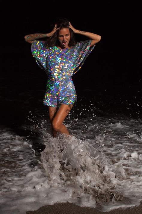 Hologram Silver Holographic Mella Cape Playsuit. Festival wear by Rosa Bloom Geek Outfit, Festival Dresses, Festival Mode, Silver Holographic, Trendy Swimwear, Festival Dress, Edgy Outfits, Up Girl, Festival Outfit