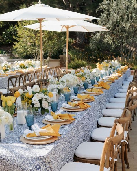 TGIS Catering & Event Services (@tgiscatering) • Instagram photos and videos Yellow And Blue Party, Blue And Yellow Table Setting, Daisy Wedding Decor, Blue Table Settings, Summer Table Decorations, Italian Dinner Party, Yellow Party, Yellow Table, Outdoor Dinner Parties