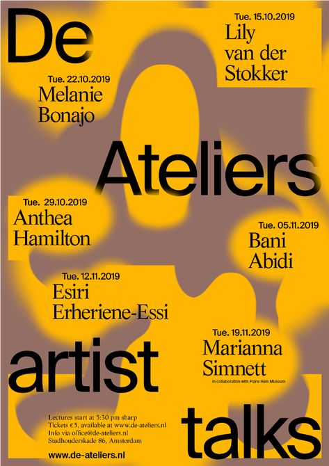 Artist Talks De Ateliers Autumn 2019 Artist Talk Poster, Autumn Design Graphic, Autumn Poster Design, Autumn Graphic Design, Artist Graphic Design, Autumn Poster, Typo Poster, Zine Design, 타이포그래피 포스터 디자인