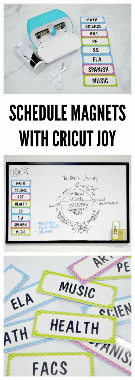 These schedule magnets will be a great way to organize the school day. Cricut Joy Magnets, Magnets With Cricut, Cricut Lettering, Emmet Lego, Calligraphy Cut, Unique Calligraphy, Vinyl Board, 12th Maths, Spanish Music