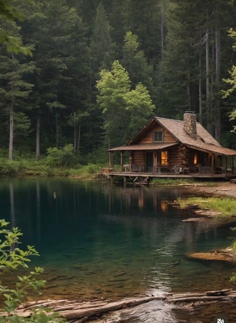 Cabin Near River, Cabin By A River, Cabin On The River, Log Cabin Landscape, Cottage In The Woods Aesthetic, Alaska Cottage, Canadian Cabin, Cozy Cottage In The Woods, Canadian Cottage