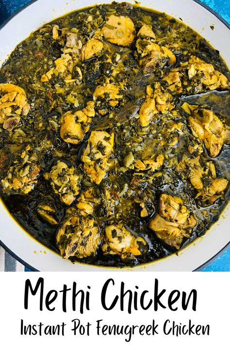 Easy and delicious methi chicken or methi murg is made using fenugreek leaves. This unique and delectable curry is very healthy and delicious. It can be made using fresh, frozen or dried fenugreek leaves. Methi Chicken Recipe, Fenugreek Recipes Cooking, Fenugreek Recipes, Chicken In Instant Pot, Potato Cauliflower Curry, Curry Chicken Thighs, Methi Chicken, Malai Chicken, Chicken Vindaloo