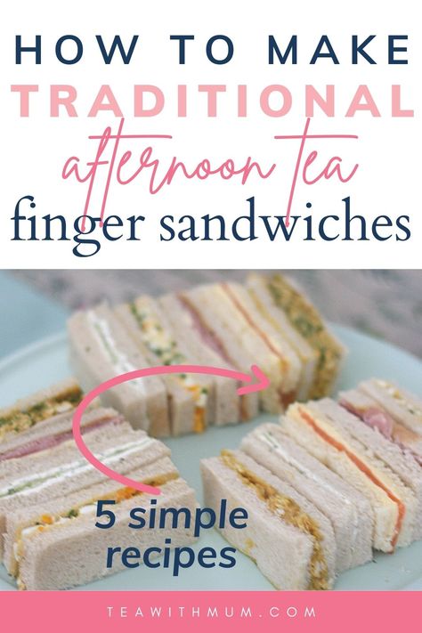 How to make traditional English afternoon tea finger sandwiches, with 5 easy & elegant recipes: ham and mustard, smoked salmon and lemon butter, egg and cress, cucumber and minted cream cheese and coronation chicken. Tips and tricks for the traditional, humble tea sandwiches to help make your afternoon tea perfect. Try our other afternoon tea recipes too! Tea Finger Sandwiches, English Tea Sandwiches, Sandwiches Afternoon Tea, High Tea Sandwiches, Tea Party Sandwiches Recipes, Elegant Recipes, Coronation Chicken, Tea Party Menu, Tea Party Sandwiches