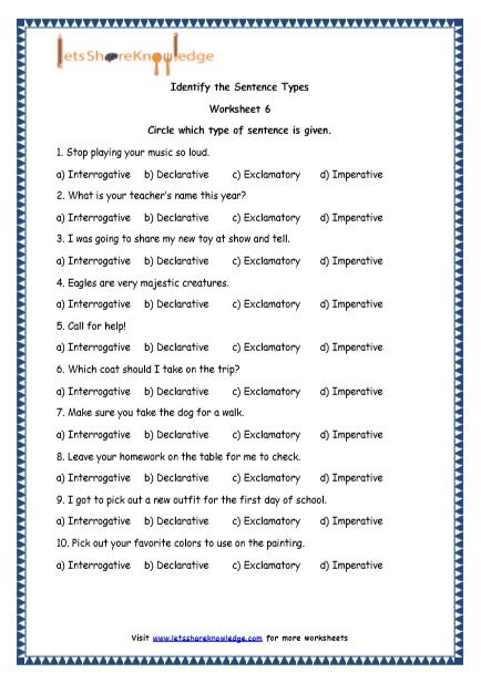 Grade 4 English Resources Printable Worksheets Topic: 4 Types of Sentences – Lets Share Knowledge Types Of Sentences Worksheet Grade 5, Grade 4 English, 4 Types Of Sentences, Different Types Of Sentences, Exclamatory Sentences, Types Of Sentences Worksheet, Sentences Worksheet, Declarative Sentences, Articles Worksheet