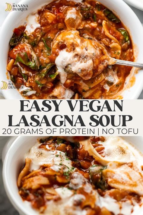 This one pot vegan lasagna soup has 20 grams of plant protein per serving and NO tofu nor soy! This easy comfort soup is rich, creamy, and surprisingly healthy! Easy to make in just 30 minutes, this comforting vegan lasagna soup is a delicious cozy soup recipe to add to your weeknight dinner rotation! Easy Crockpot Vegan Recipes, Vegan Lasagna Soup Recipe, High Protein Vegetarian Crockpot Recipes, Lasagna Soup Vegan, Vegan Protein Soup, Dairy Free Lasagna Soup, Vegan Crockpot Meals, Vegan Autumn Recipes, Vegan Fall Soup