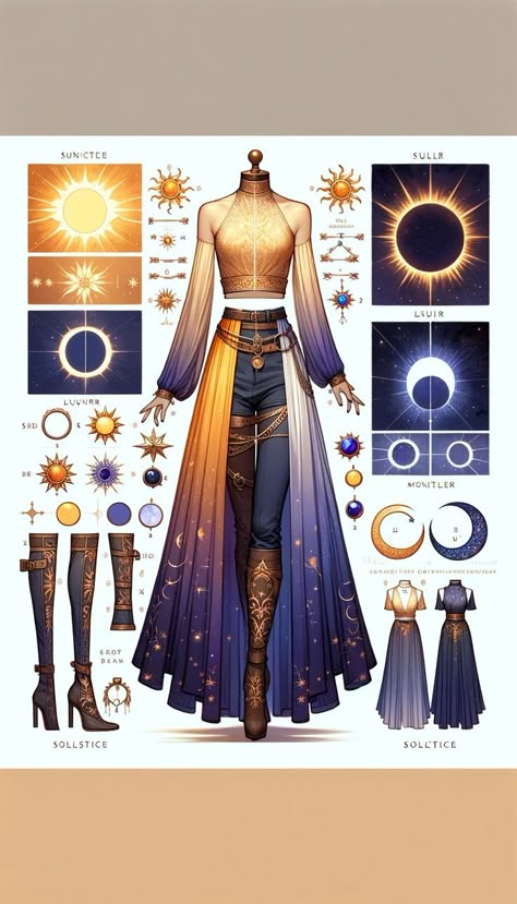 Earth Outfits Drawing, Celestial Witch Art, Solar Punk Fashion, Sun Outfits, Fashion Design Concept, Magical Outfits, Magical Clothing, Magic Clothes, Moon Designs