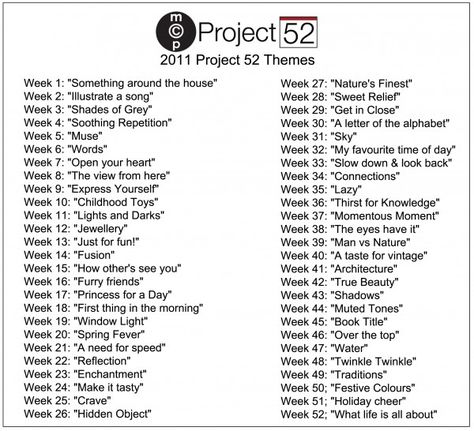 52 week project ideas, to keep me motivated and creative! Photography Challenges, Photography Prompts, Beauty Fotografie, Lists Ideas, Scrapbook Journaling, Photo Challenges, Photo A Day Challenge, Theme Pictures, Instagram Challenge