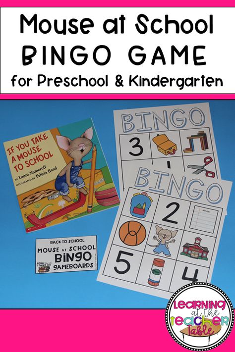 Here's a Back to School BINGO game based on If You Take a Mouse to School! Incorporate fun and learning with math activities for the beginning of school. PreK and kindergarten students will love playing this exciting game! Read the book at circle time and play bingo during small groups. First Day Of School Games Preschool, Time For School Mouse Activities, If You Take A Mouse To School Activities, Prek Literacy, Literacy Day, Circle Time Activities, Kindergarten Games, Creative Curriculum, Kindergarten First Day